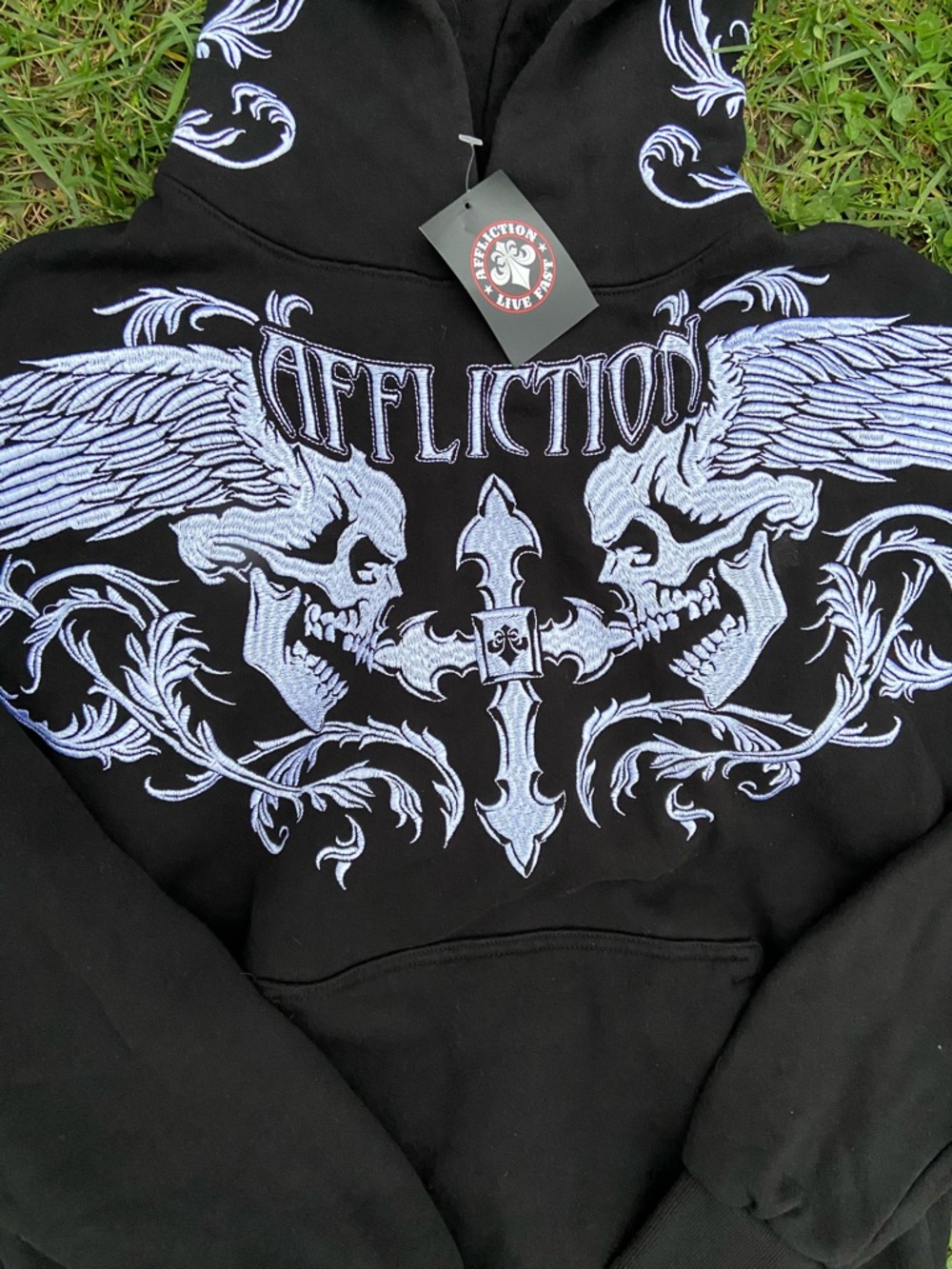 Affliction Black Pullover Hoodie with White Winged Skull Graphic - Picture 3 of 8